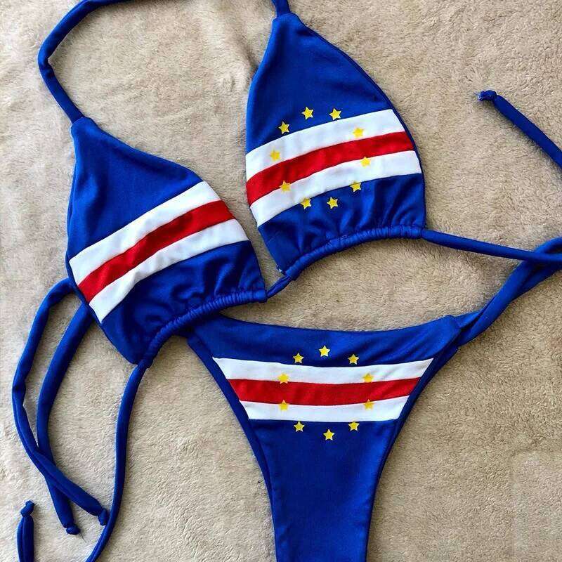 American Popular Sexy 2000s Slim E-girl Bikini Blue Personalized Printing Hanging Neck Two-piece Fashion Women's Briefs Swimsuit Z260206