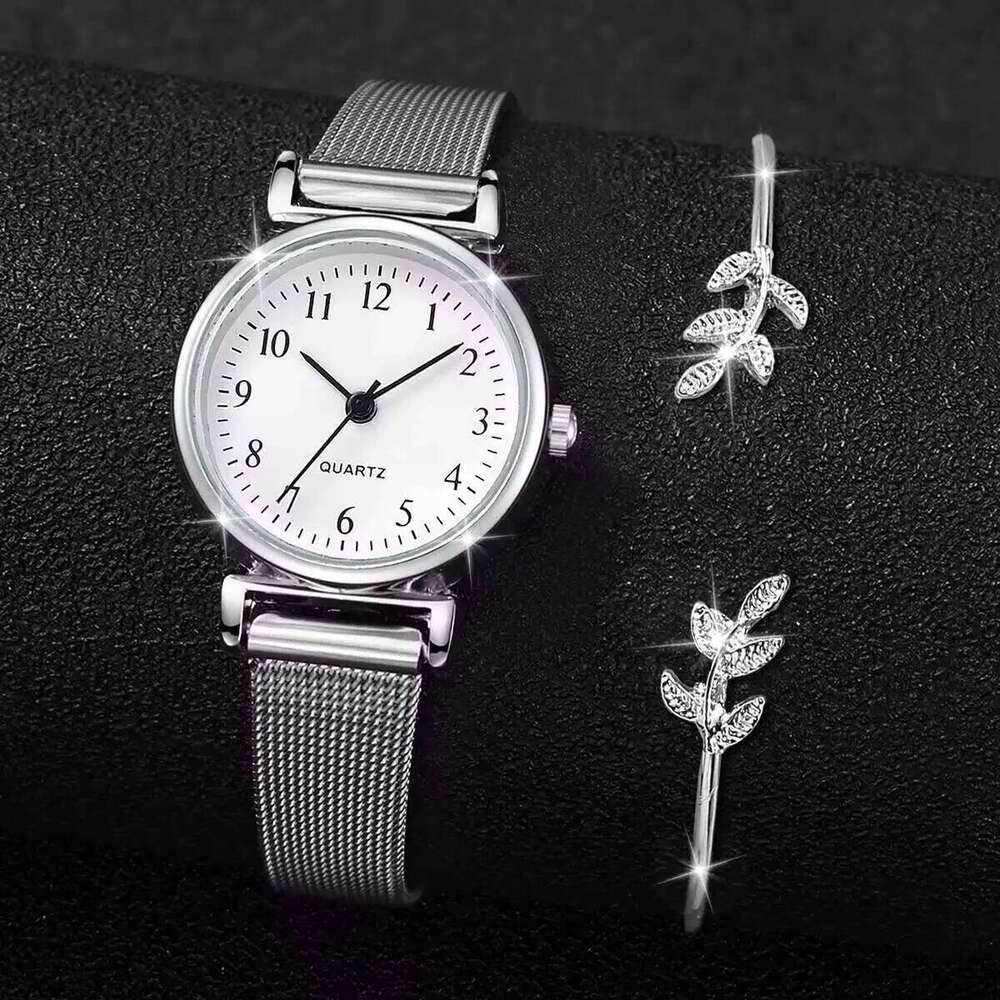 2PCS/Set Fashion Women Watches Casual Mesh Band Quartz Watch Opening Cuff Bracelet Bangle SetWithout Box Z260206