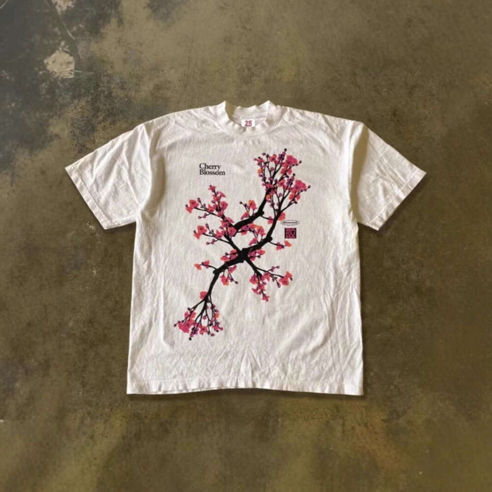 250g heavyweight pure cotton! American-style oversized peach blossom tree vintage print loose-fitting short-sleeve T-shirt for couples, women and men