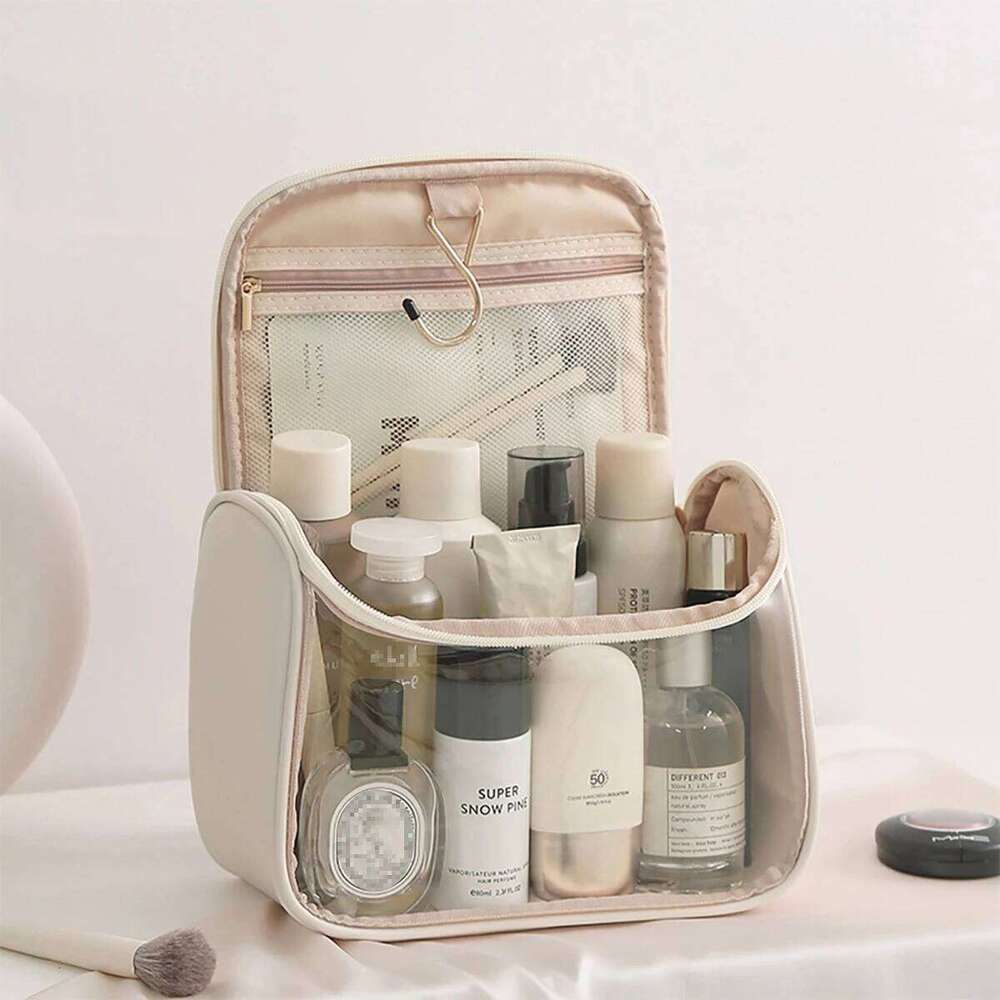 Transparent PU Cosmetic Bag with Hook Waterproof Travel Washbag Large Makepouch Y260206