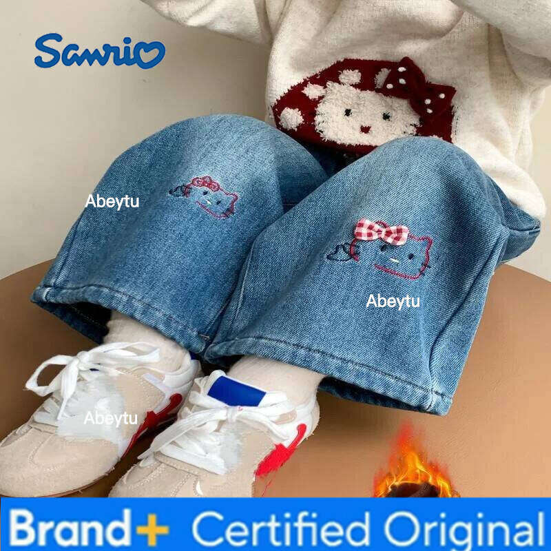 Sanrio Hello Kitty Straight Wide Leg Fleece Lined Jeans for Girls Autumn Winter New Fashionable Kawaii Trousers Kids Clothes H260206