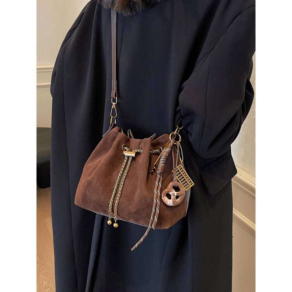 Women Vintage One Shoulder Bag Frosted Solid Drawstring Soft All-Match Bucket Bags High-Grade Versatile Commute Crossbody Packs Y260205