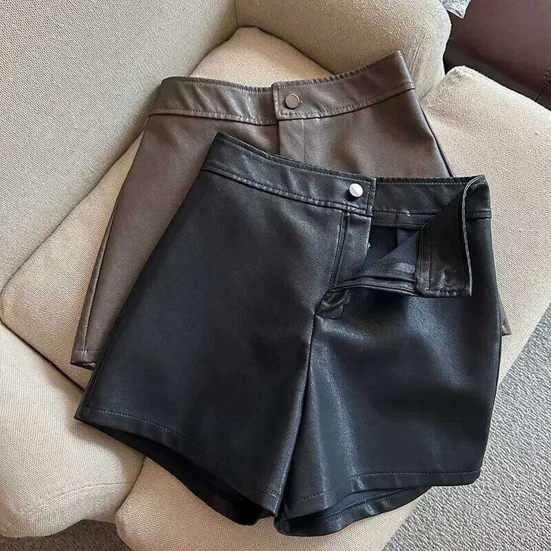 High Waist PU Women's Casual Autumn Winter Wide Leg Boot Pants A- Line Slim Fit Shorts Leather Fabric XJ260206