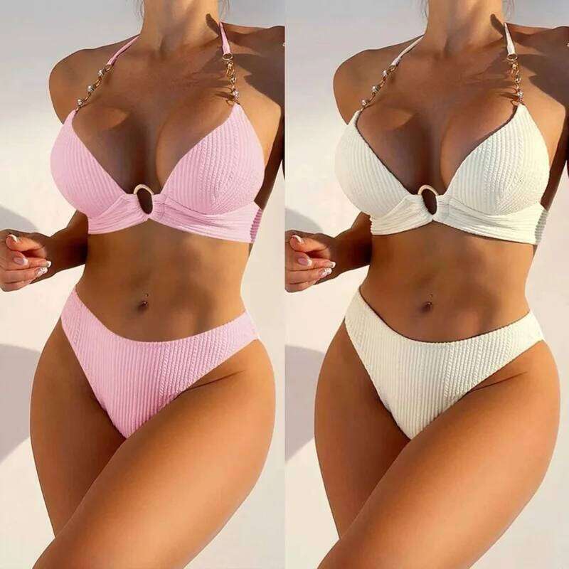 New Sexy Split Solid Color Bikini Striped Pearl Neck Swimsuit Z260206