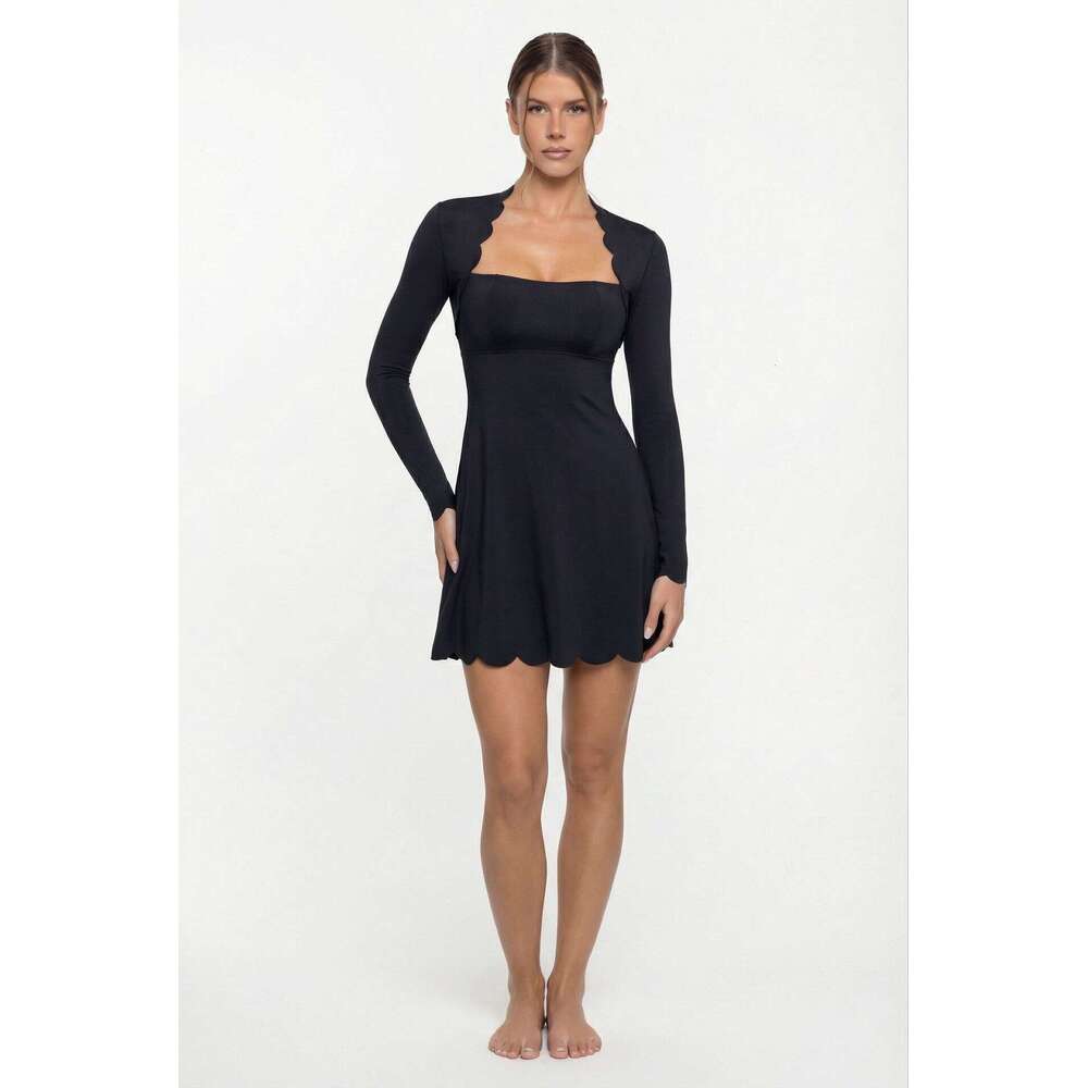 Autumn and Winter New Women's Long Sleeve Wave Lace Golf Tennis Breathable Quick-Dry Yoga One-Piece Skirt