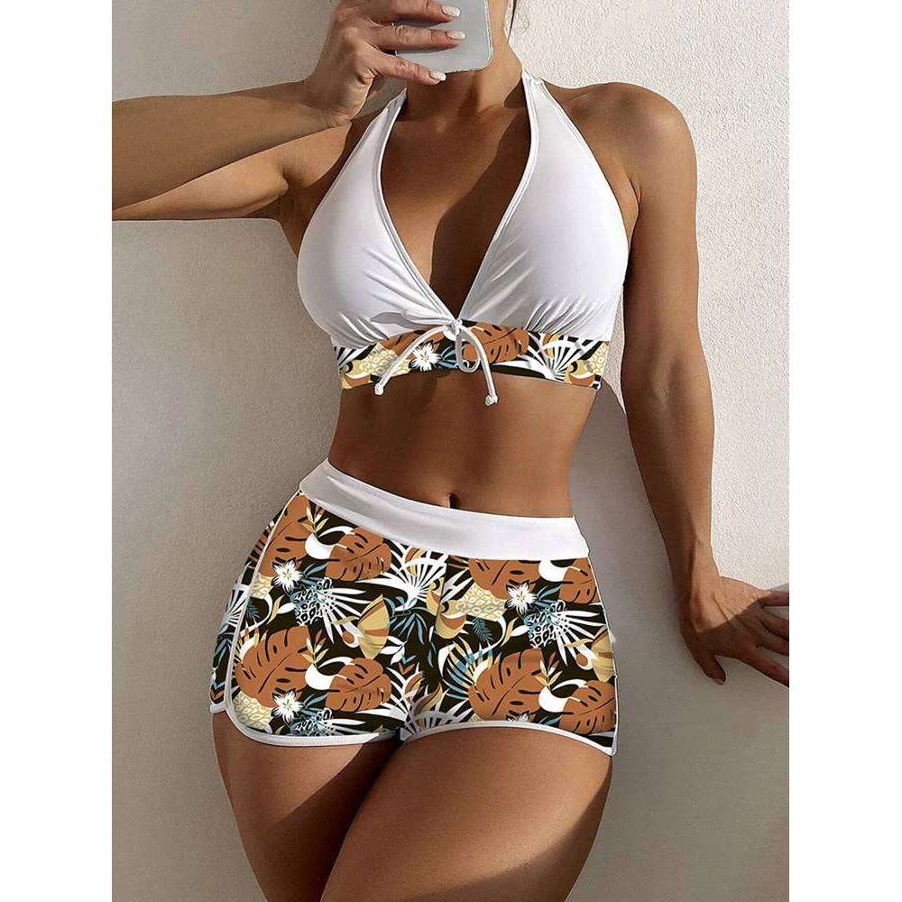 6 Colors Halter Bikini Set 2025 Women Sexy Floral Print High Waisted Swimwear With Boxer Shorts Hot Selling Beach Bathing Suit Z260206