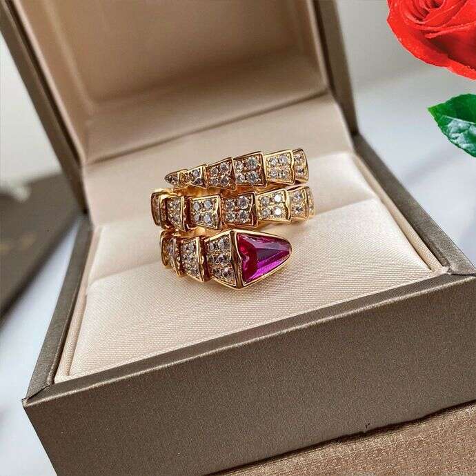 New Inlaid Gemstone Three-Circle Red Corundum V Gold Snake Bone Ring Luxurious And Elegant High-End - view 4