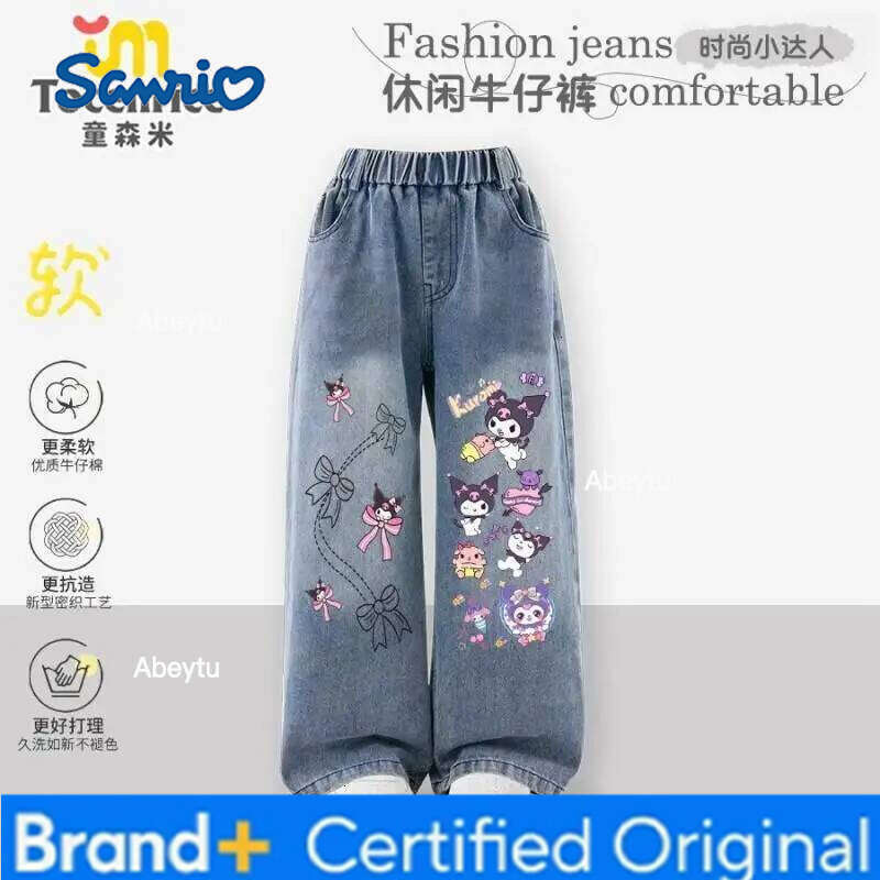 Sanrio Hello Kitty Kuromi Straight Cut Wide-Leg Jeans Girl Student Spring, Autumn, and Winter Pants Thicken Children's Clothing H260206