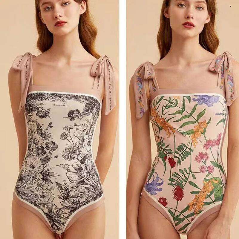 Summer 2023 Sexy Women's Printed Bikinis Set Fashion Slim Bow Spliced Vintage High Waist Swimwear for Female One-Piece Swimsuit Z260206