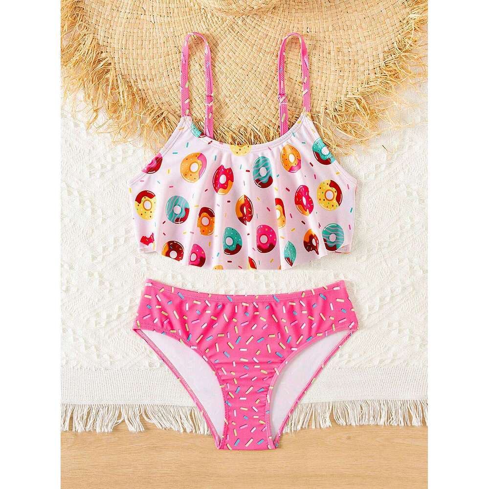 Donut Print Ruffle Deco Bikini Set Summer Beach Outdoor Cute 2-piece swimwear Contrast Adjustable Girls Kids Swimsuit XJ260206