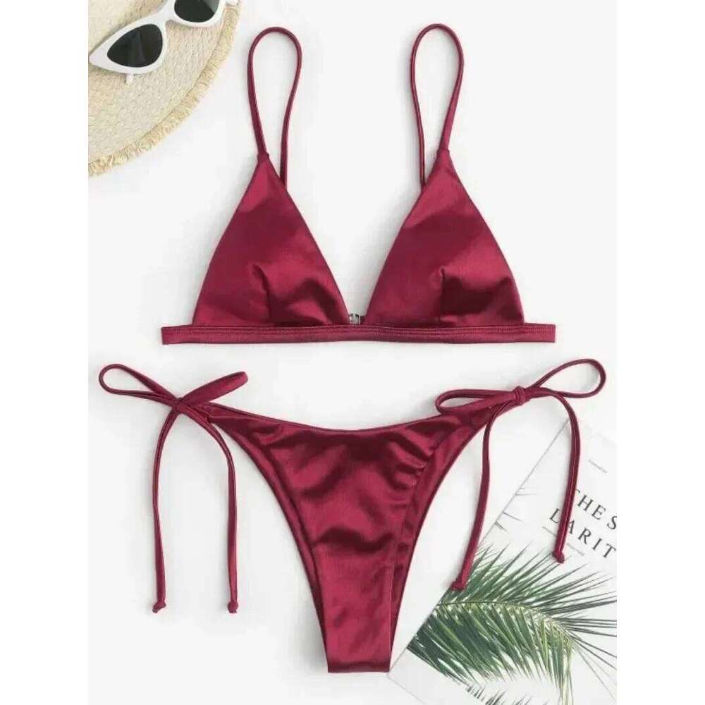 sexy satin micro mini Bikini Sets two pieces Woman tie swimsuit Swimwear Biquini beach outfits bakini conjunto de bikini XJ260206