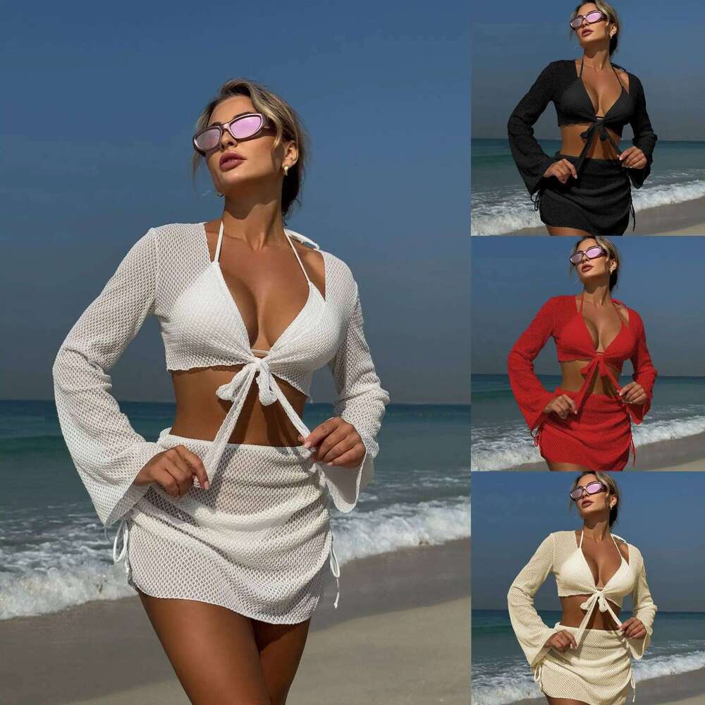 2025 solid color summer new beach vacation style four-piece split swimsuit XJ260206