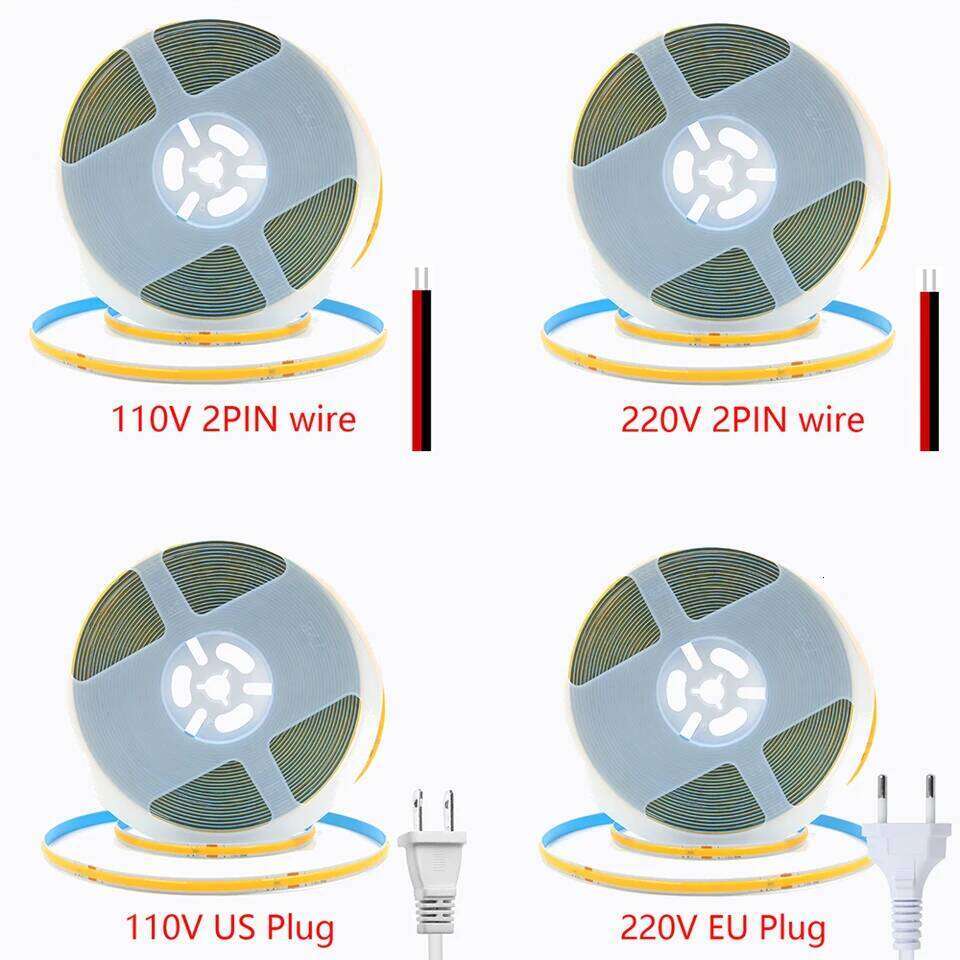 5M 10M 15M 20M 110V 220V COB LED Strip Light Super Bright 240LEDs/M 2PIN Wire Tape Flex Ribbon EU US Plug Room Lighting 8MM PCB Z260206