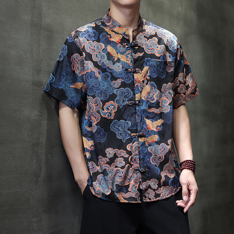 2026 Summer New Chinese Style Men's Ice Silk Loose Shirt Breathable Large Size M-5XL Pan Button Short Sleeve