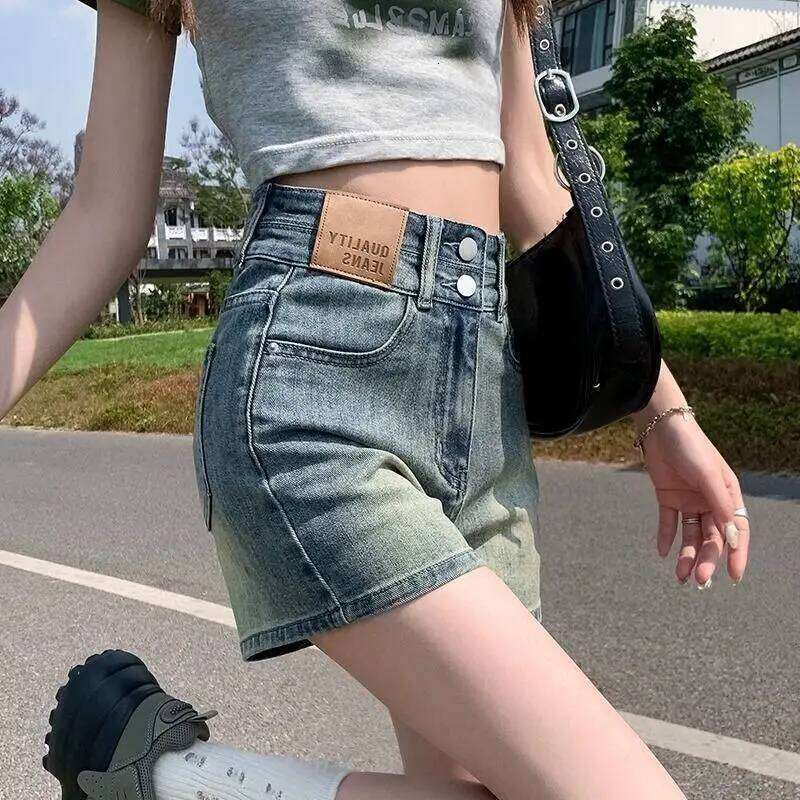 Women's Summer Double Button Denim High Waist Slimming Design A-line Jeans Shorts C260206
