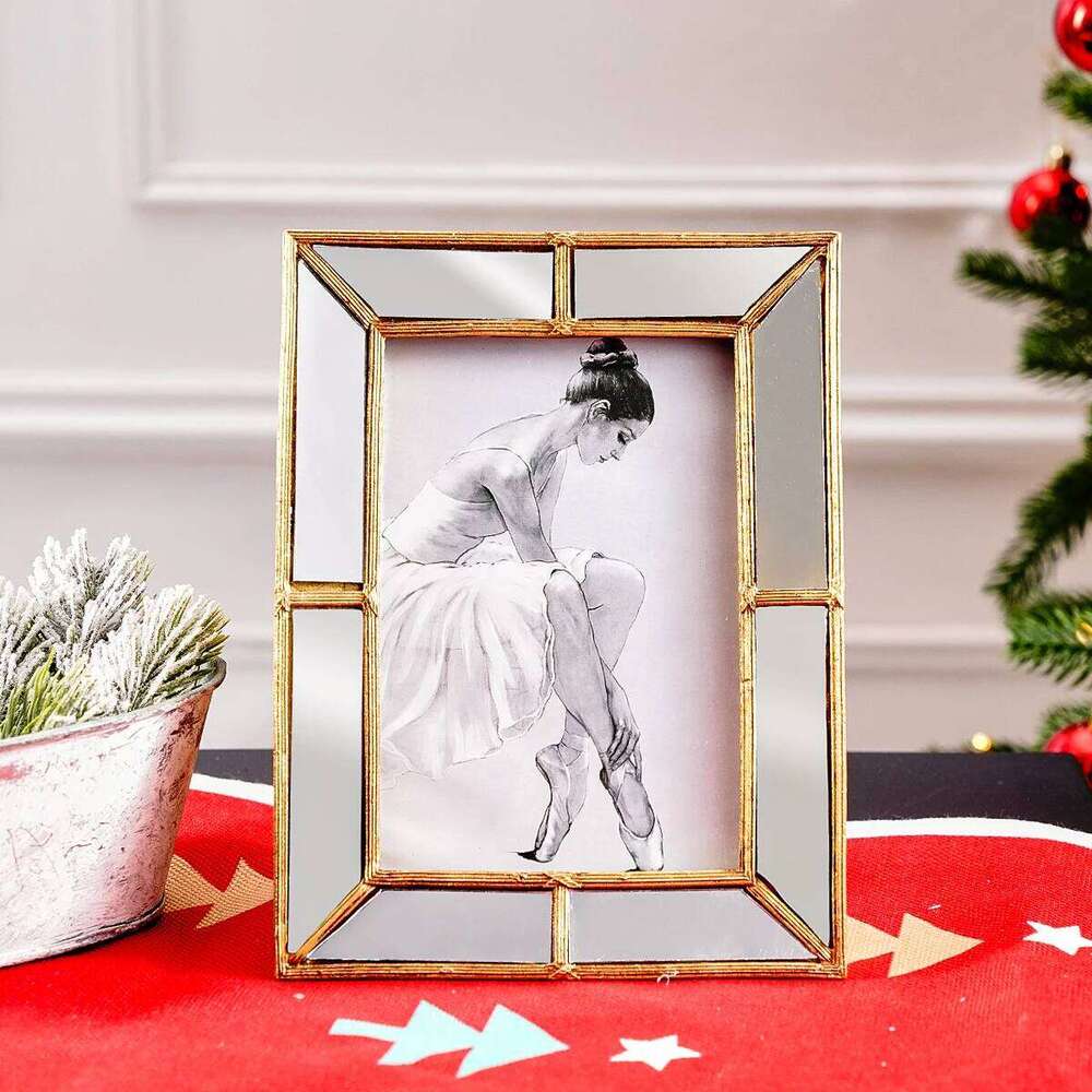 1PC, with a simple golden resin material frame and mirror glass inlaid decoration, suitable for photo display S260205