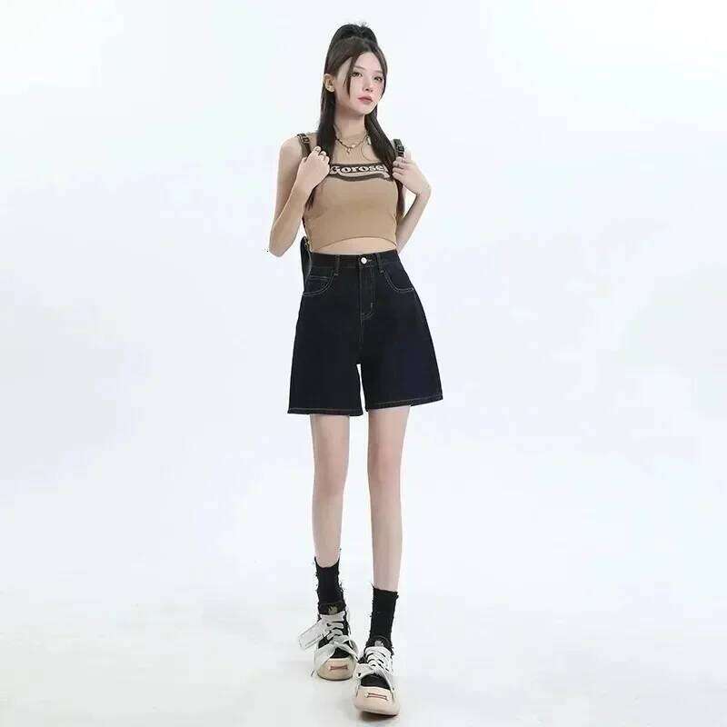 Niche Retro Design Sense High-waisted Denim Shorts. New Summer Loose Simple Comfortable A-line Wide-leg Short Jeans for Women C260206
