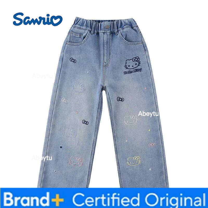 Sanrio Hello Kittys Girls Jeans Kawaii Cartoon Autumn Winter New Leisure Plus Velvet Thicken Wide Leg Pants Trousers H260206