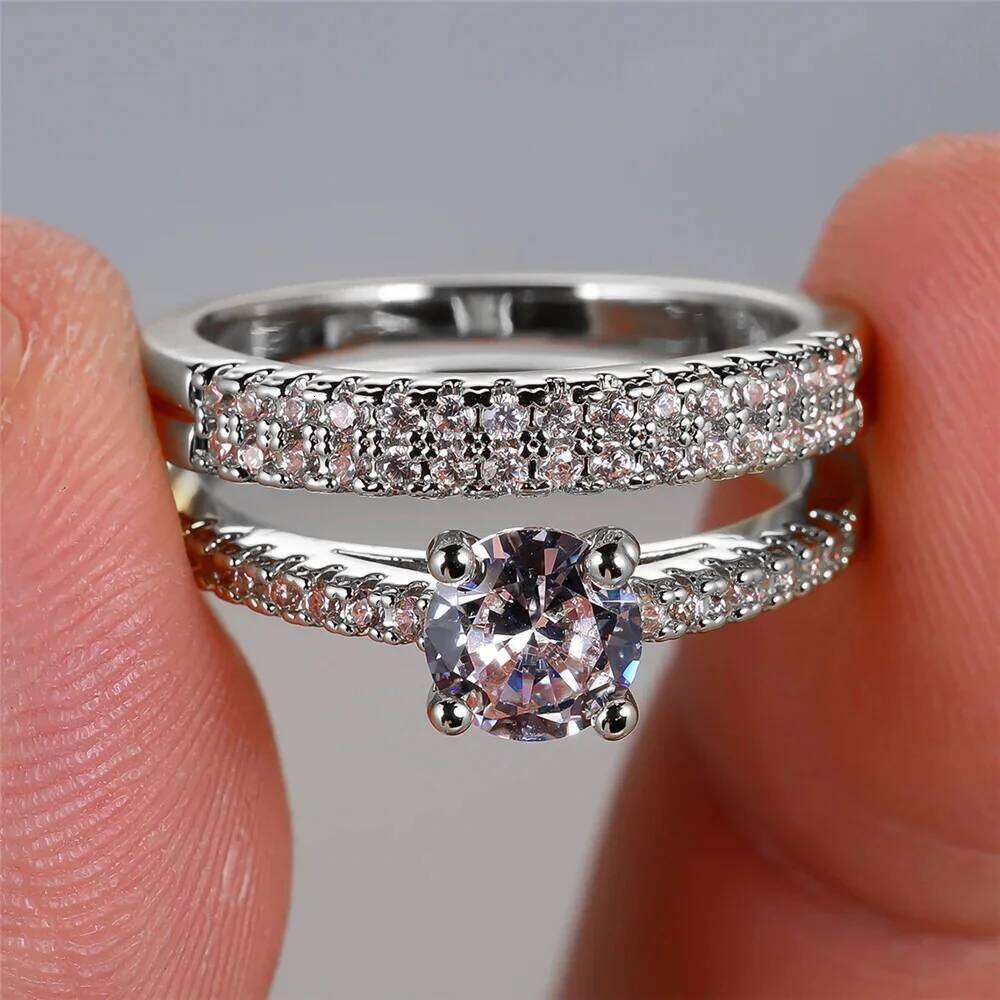 Luxury Female 2pcs Small Round White Zircon Stone Ring Set Promise Gold Color Wedding Engagement Jewelry For Women W260206
