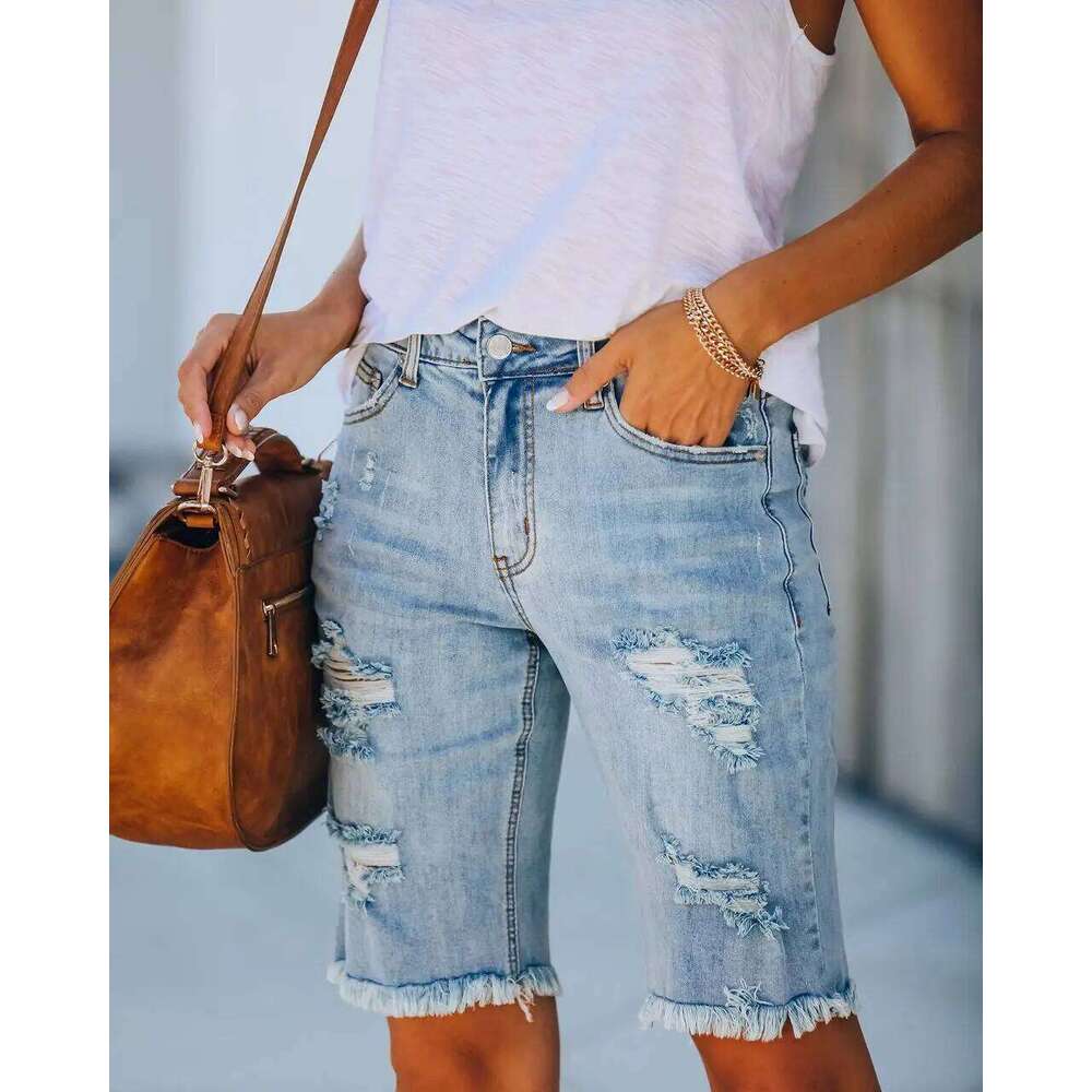 Commuting Mid-length Straight Leg Jeans. New Summer Fashion Washed Ripped Casual Tassel Design Mid-waist Short Jeans for Women C260206