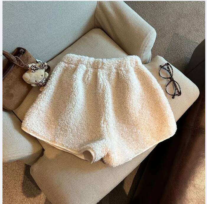 Elastic lamb wool wide leg shorts women's winter thickened warm plush high waist casual straight drawstring hot pants XJ260206