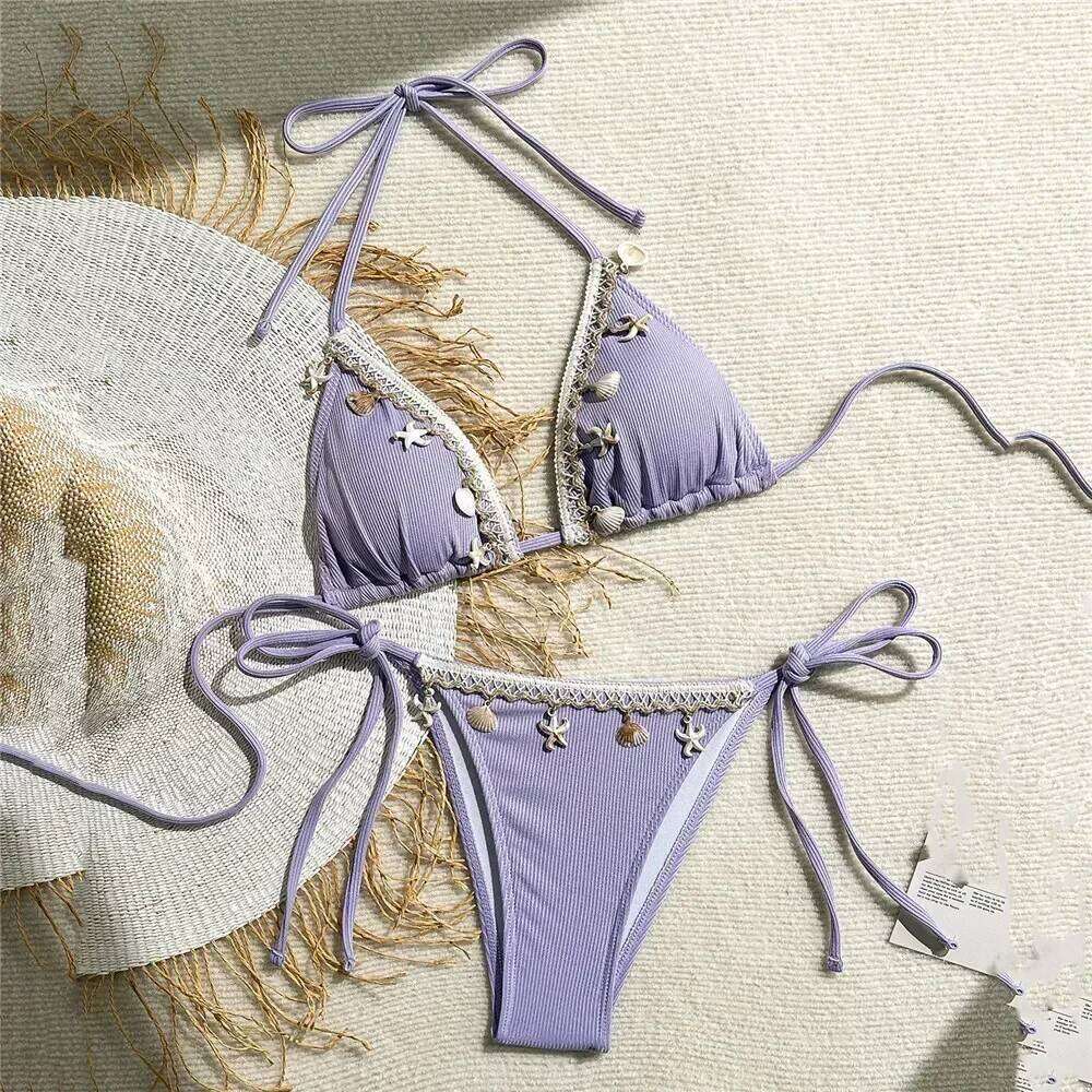 Shell Decoration Swimwear String Halter Bikinis Sets Micro Thong Sexy Swimsuit Women 2025 Bathing Suit Purple Triangle Bikini Z260206