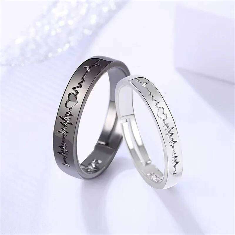 Black and White Electrocardiogram Couple Matching Student Friendship Rings, Simple Ins-Style Versatile Valentine's Day Gift, High-End W260206