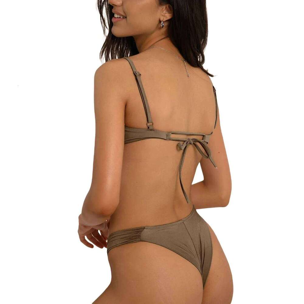 Classics Basics Women Swim Bikini Suit, Solid Color Pleated Sleeveless Bra+ Shorts Briefs Swimwear Swimsuit Z260206