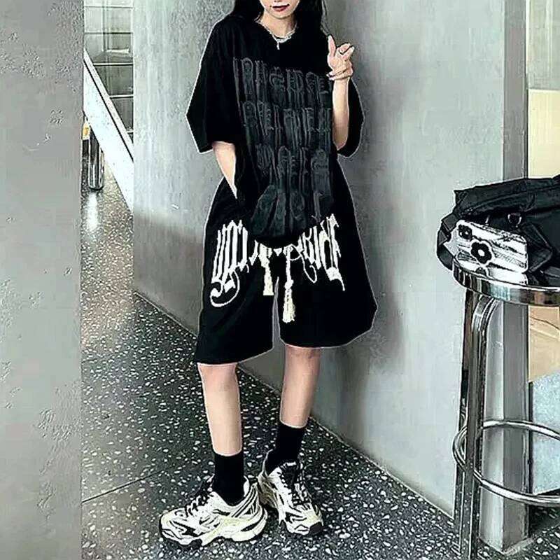 Y2K Bf Drawstring Printing Women Fashion American Style Streetwear Sports Hip Hop Loose Casual Wide Leg Shorts XJ260206