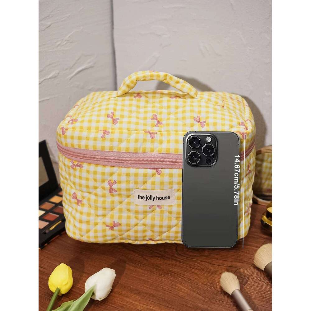 1pc/set Yellow Plaid Quilted Cute Bowknot Bag, Portable Toiletry Set with Zipper, Handheld Makeup Bag Y260206