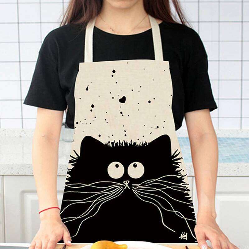 Cotton Linen Cute Cartoon Cat Waterproof Sleeveless For Men Women Kitchen Cooking Apron Cleaning Baking Accessories S260205