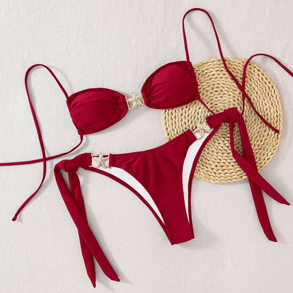 2025 Sexy Women's Bikini Set - Adjustable Tie Side Bandage Triangle Top & Low Rise Bottom with Starfish Metal Drawstring Summer Z260206