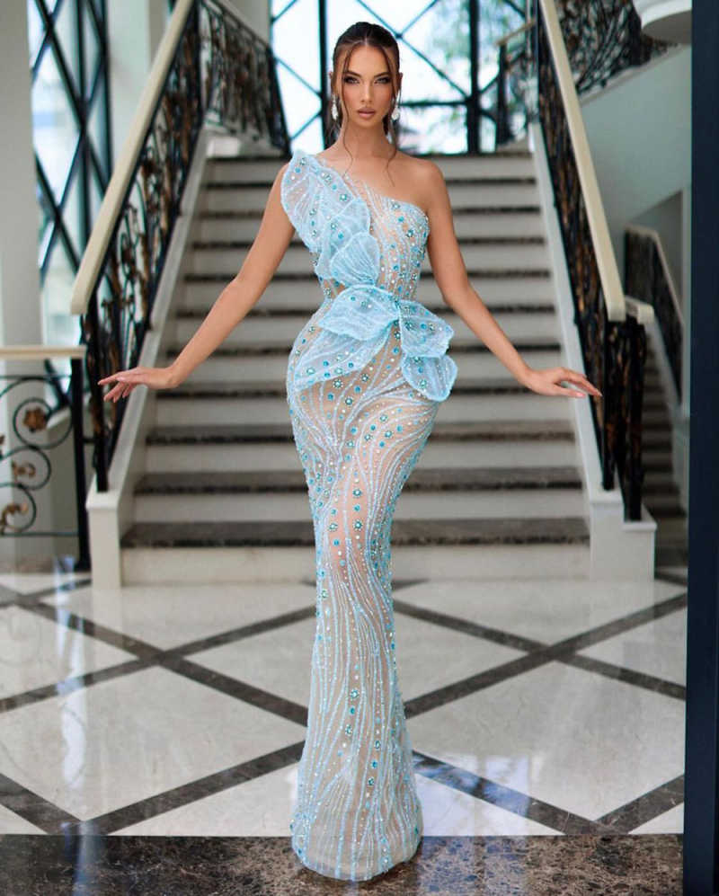 Elegant One Shoulder Crystal Evening Dresses Illusion Crystal Lace Mermaid Prom Dress Customized Floor Length Party Gown