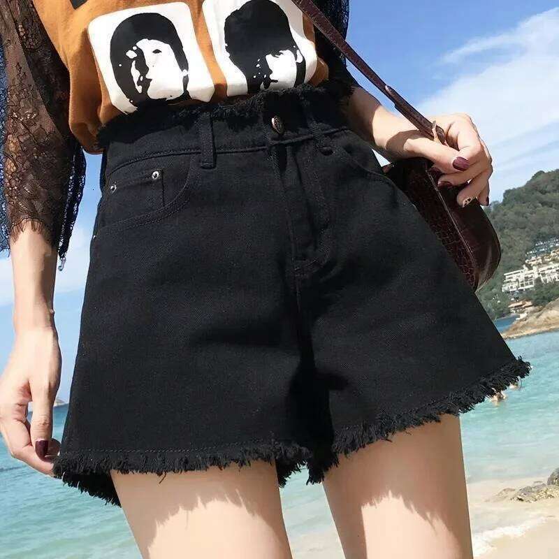 Spring Summer Short Jeans Women Wide Leg Fashion Female High Waist Black Tassels Caual Denim Shorts Girls H260206