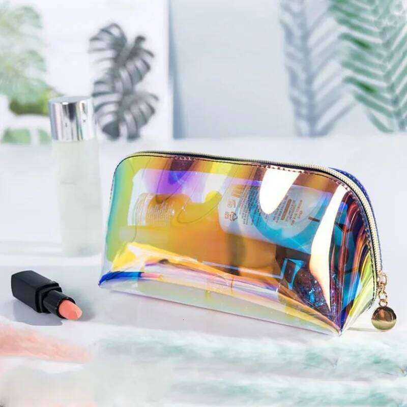 Laser Cosmetic Ins Style Korean Cosmetics Semicircle Travel Makeup Portable Dumpling Shaped Transparent Wash Brush Bag Y260206