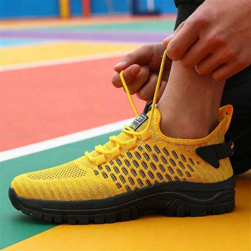 Trendy Yellow Sports Men's Breathable Mesh Sneakers Lightweight Non-Slip Outdoor Running Casual Shoes Fashion Gym Footwear