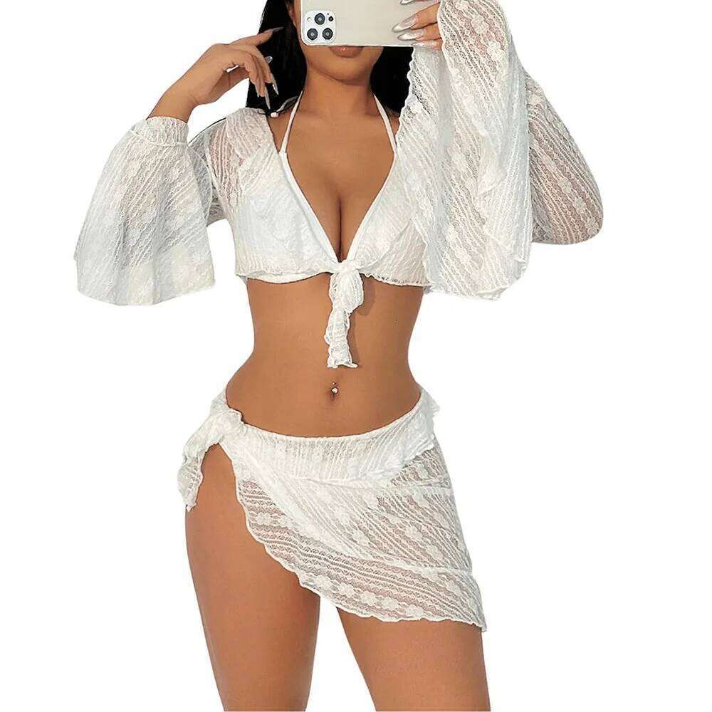 Women's 4 Piece Halter Neck Triangle High Cut Bikini Lettuce Trim Swimsuit Bathing Suit Cover Up Set XJ260206