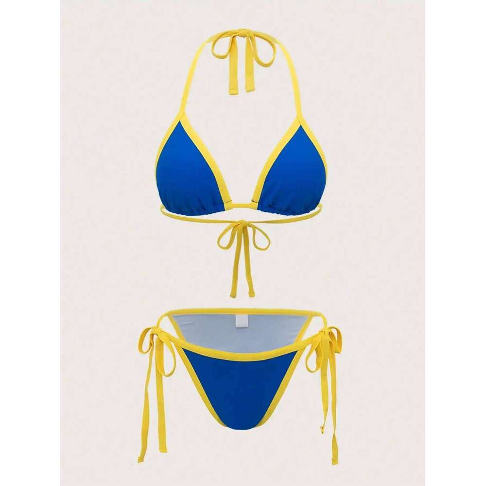 Women's Sexy Bikini Set With Color-Blocked Panels And Adjustable Side Ties, Summer Beach Vacations,Swimsuits For Woman Z260206