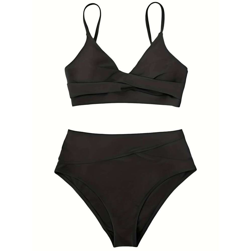 Women's sexy crop top high-waisted solid color bikini triangle set, a must-have item for summer beach leisure and vacation. Z260206