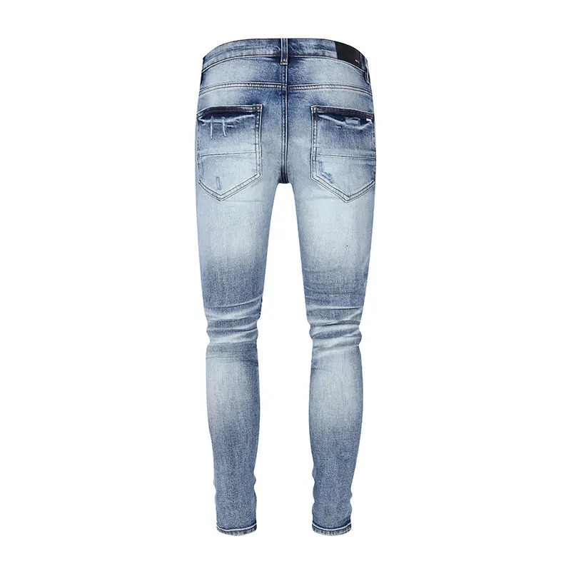 Y2Kner Street Fashion Boutique Mens Retro Light Blue Jeans Elastic Tight Patched Hip Hop Pants Hombre 260127