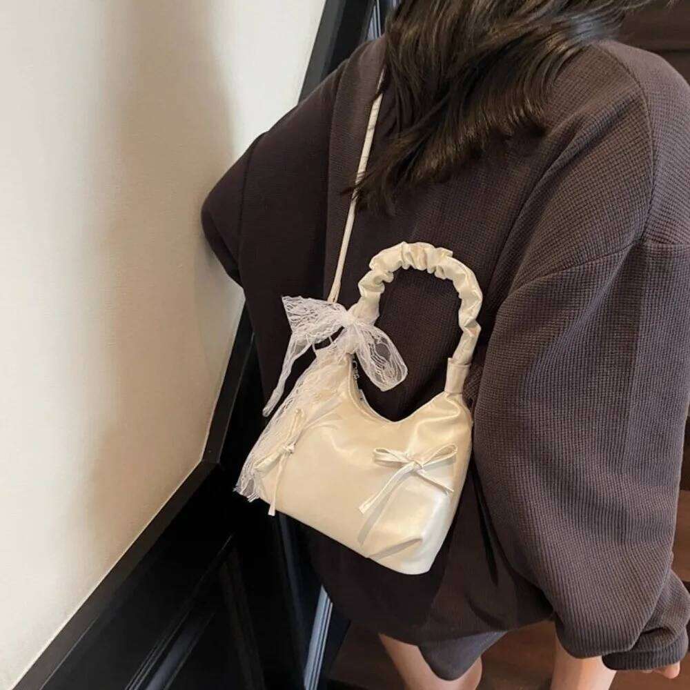 Fashion Cloud Evening Handbag Beige Lace Ribbon Bow PU Shoulder Large Capacity Korean Style Underarm Bag Girls Y260205