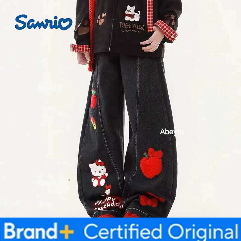 Sanrio Hello Kitty Spring Autumn Girl Jeans Cartoon Embroidery Fashion Wide-Leg Mid-Rise Retro Loose Flared Pants Birthday Gift H260206