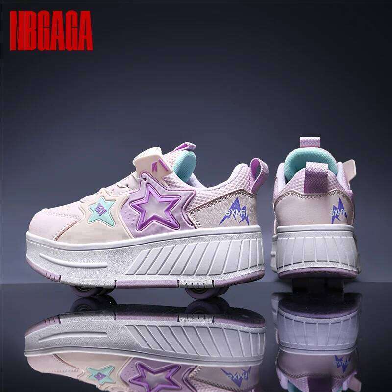 NBGAGA Kids Deformable 4-Wheel Transformer Roller Skate Shoes Girls Outdoor Sports Sneakers Gift 26Y0206