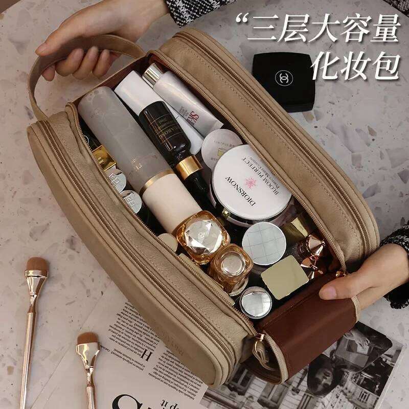 Multifunctional Makeup for Women PU Leather Large Capacity Portable Double Zipper Travel Toiletries Storage Bag Y260206