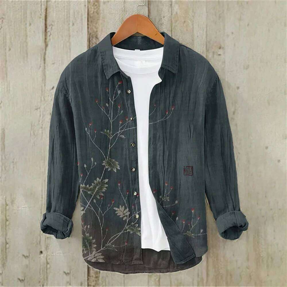 Long Sleeve Linen Shirt Japanese Vintage Plum Blossom Illustration Casual Loose High Quality Men's Clothing