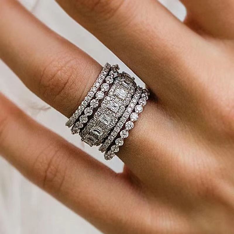 925 Sterling Silver Micro Pave Zircon Full Diamond Combination Fashion Simple Ins Style Versatile Stacking Ring