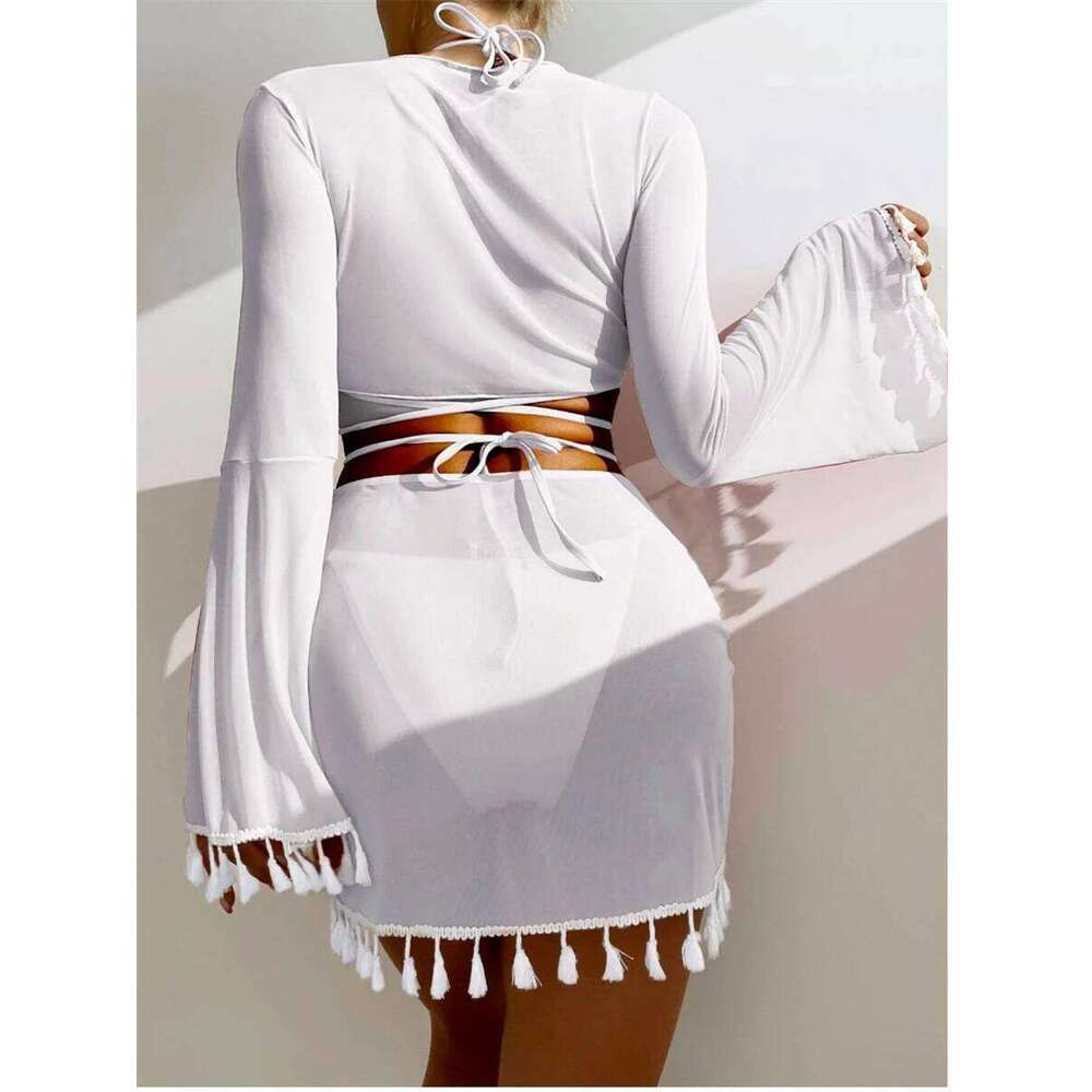 Sexy 4 Pieces Halter Bikinis Women Solid Swimwear Female Cover Up Swimsuit Long Sleeve And Skirt Bathing Suit Beachwear Summer Z260206