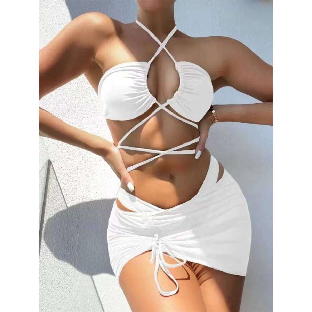 2023 New 3 Pieces Swimsuit Women High Waist Swimwear Sexy Lace Up Micro Bikini Set With Skirt Solid Beachwear Bathing Suit Z260206