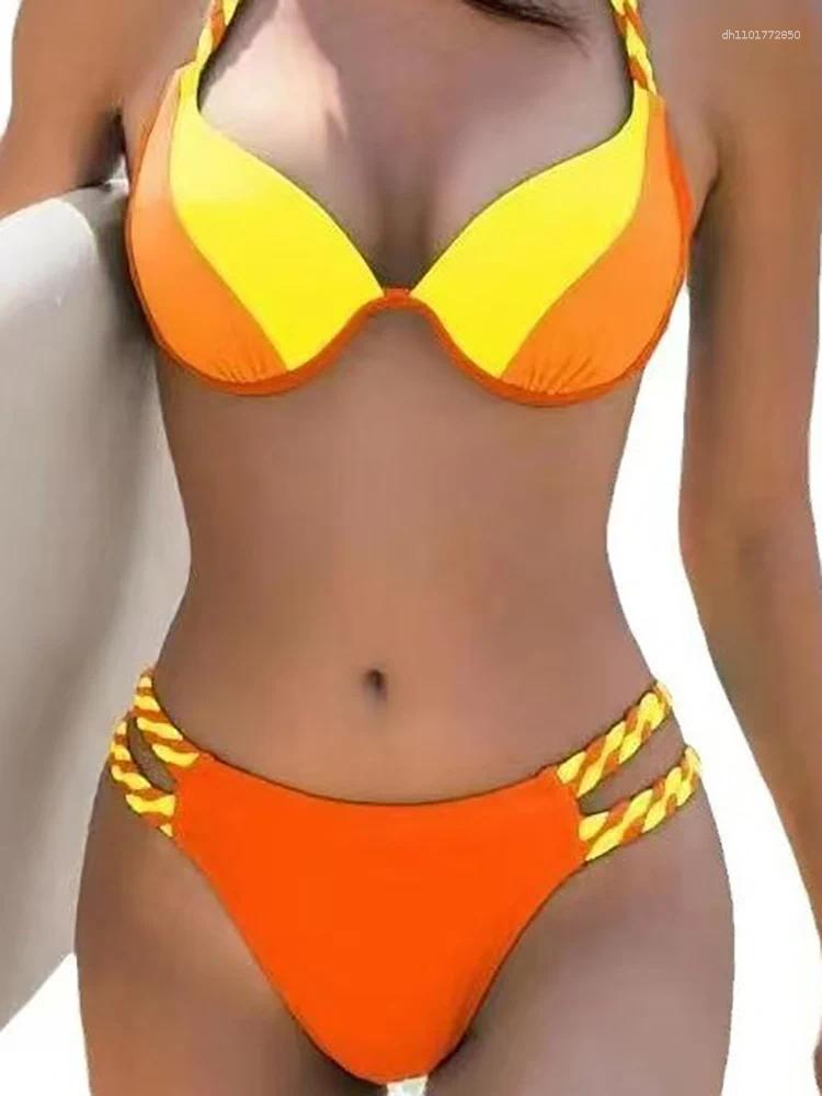 Women's Swimwear 2026 Two-piece Bikini Sexy Women Patchwork Halter Swimsuit Hollow Backless Summer Tight Push Up Beach Bathing Suit