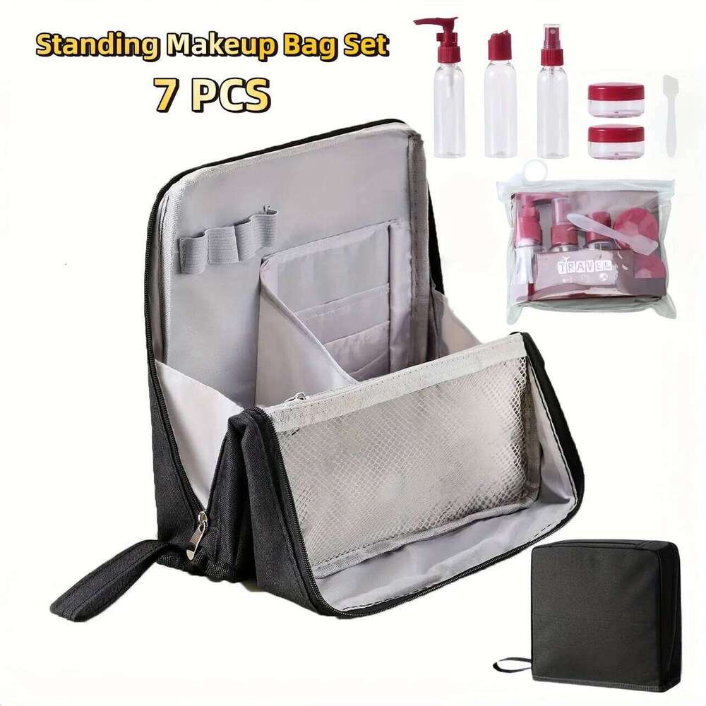 7pcs Standing Makeup Bag Set, Large Capacity Cosmetic & Toiletry Organizer with Bottles, Portable for Travel. Black White Purple Y260206
